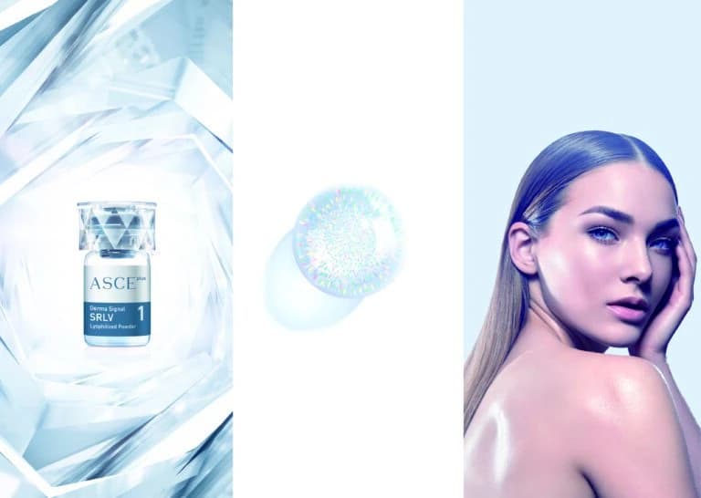 Das Beste, was die regenerative Medizin zu bieten hat: natürlich & effektiv mit Exosomen ASCE Exosomen Produkt und Frau mit strahlender Haut