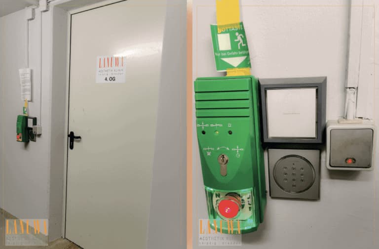 Gang mit Ausgangstür und Code-Eingabe Gang mit Ausgangstür und Code-Eingabe