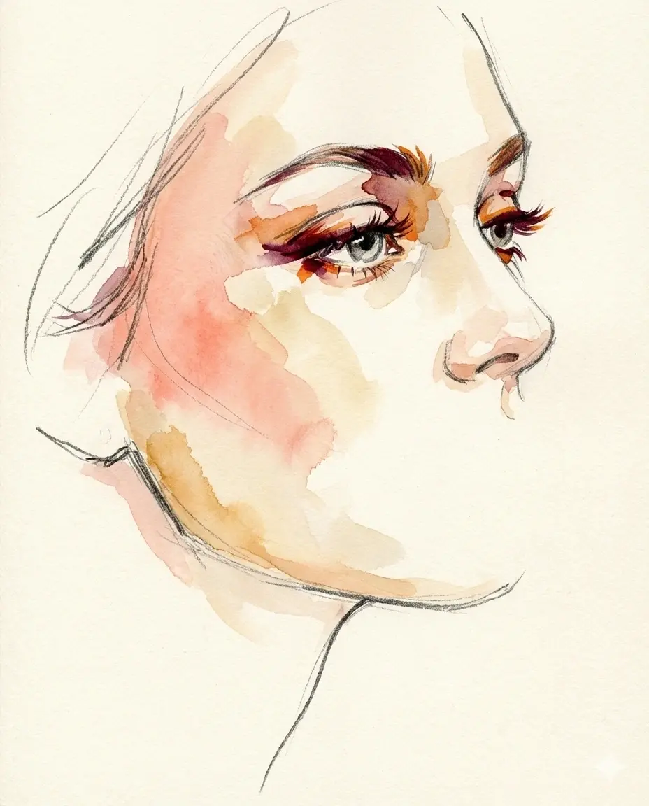 Künstlerische Aquarell-Illustration eines Frauengesichts – Schönheit und Natürlichkeit Künstlerische Aquarell-Illustration eines Frauengesichts – Schönheit und Natürlichkeit